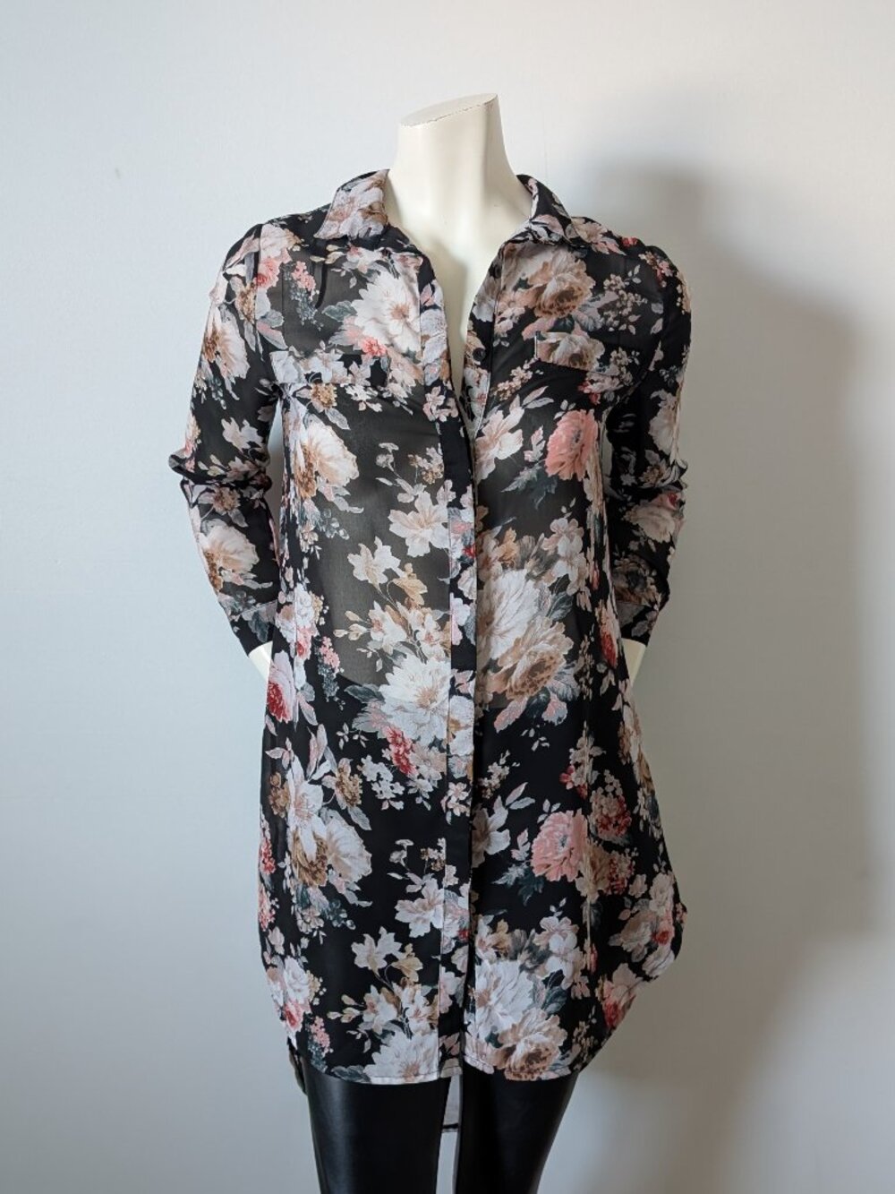 Papillon - Semi-Sheer Floral Button-Down Tunic Shirt - Size S